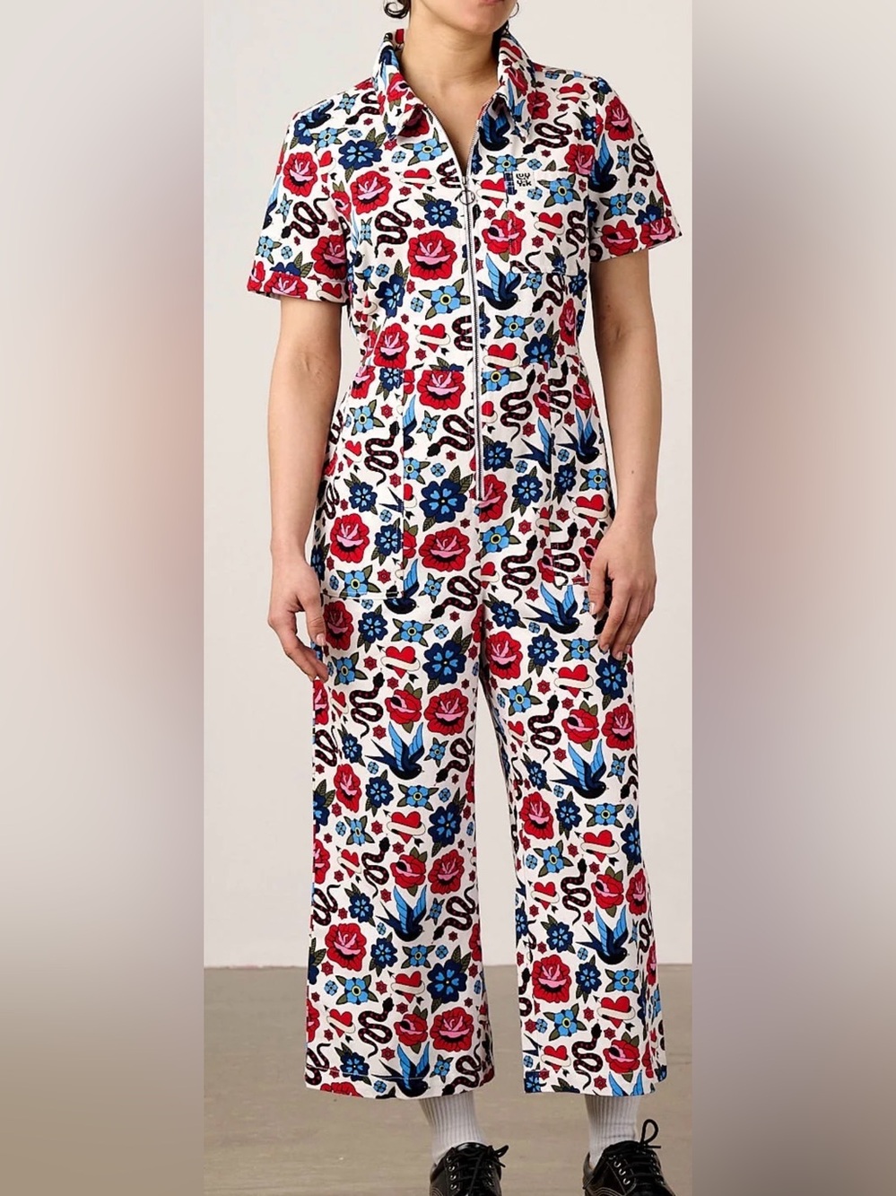 Lucy & Yak White Jumpsuit with Red and Blue Floral Print